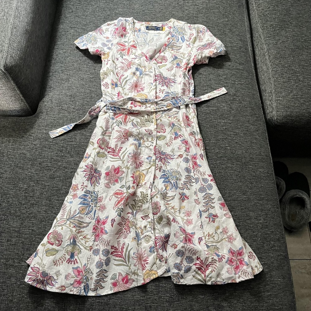 Polo Ralph Lauren Dress Womens 00 White Floral Button Front Fit & Flare Midi